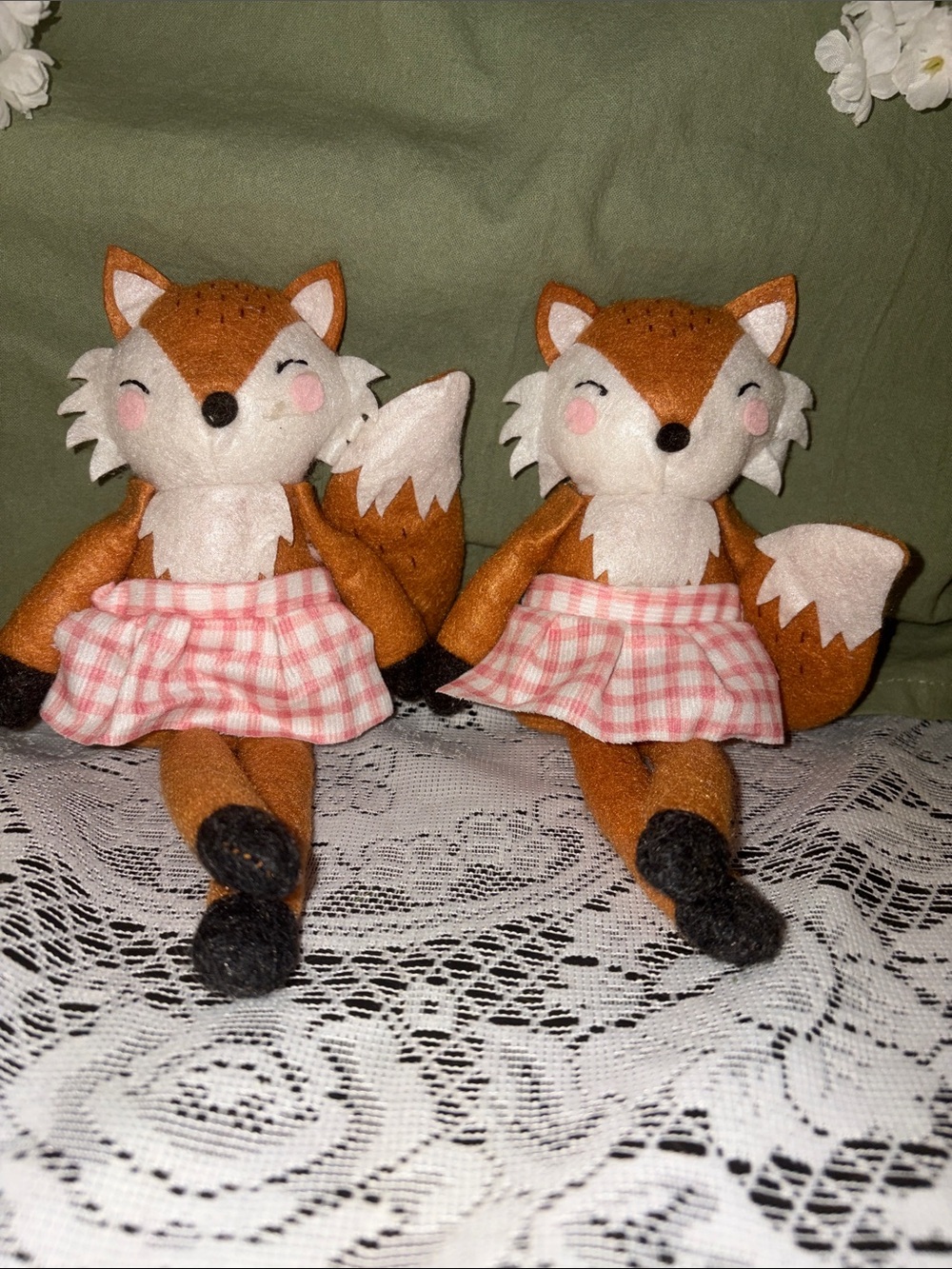 Pair of Felt Fox Girls with Pink Plaid Skirt